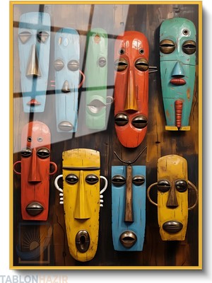 Tablonhazır Dikey Çerçeveli Cam Afrika Maske Modern Ev Dekoru Duvar Sanatı Ev Ofis Tablosu