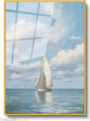 Tablonhazır Dikey Çerçeveli Cam Yelkenli Durgungemi Modern Ev Dekoru Duvar Sanatı Ev Ofis Tablosu