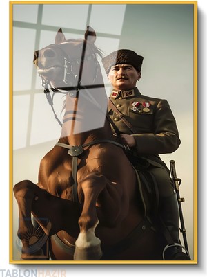 Tablonhazır Dikey Çerçeveli Cam Ataturk At Ustunde Modern Ev Dekoru Duvar Sanatı Ev Ofis Tablosu