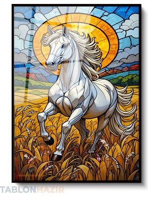 Tablonhazır Dikey Çerçeveli Cam Mozaik At Modern Ev Dekoru Duvar Sanatı Ev Ofis Tablosu
