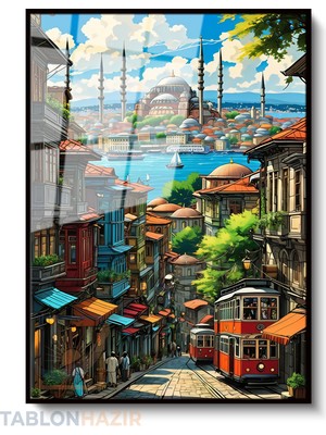 Tablonhazır Dikey Çerçeveli Cam Istanbul ve Manzarası Çizimi Modern Ev Dekoru Duvar Sanatı Ev Ofis Tablosu
