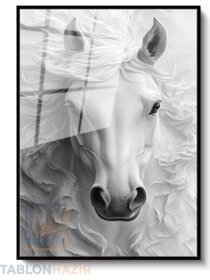 Tablonhazır Dikey Çerçeveli Cam Beyaz At Modern Ev Dekoru Duvar Sanatı Ev Ofis Tablosu