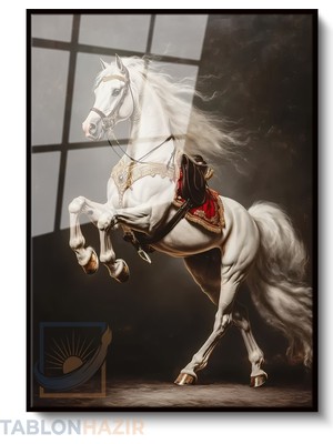 Tablonhazır Dikey Çerçeveli Cam Beyaz Asil At Modern Ev Dekoru Duvar Sanatı Ev Ofis Tablosu