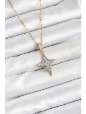 Stillove 316L Çelik Zincir Gold Renk Kutup Yıldızı Model Zirkon Taşlı Kadın Kolye