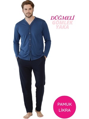Alimer Erkek İndigo V Yaka Önden Düğmeli Pamuk Likra Mevsimlik Uzun Kol Cepli Pijama Takımı