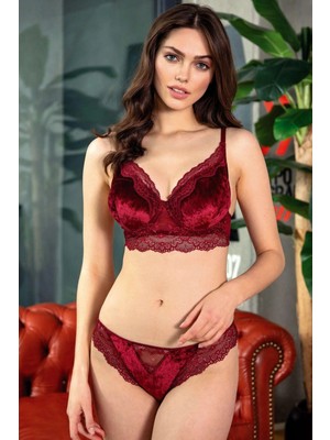 Litae Kadife Balenli Destekli Dolgulu Dantelli Büstiyer Sütyen ve Slip Takım