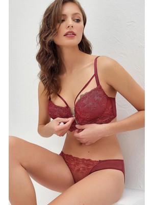 Litae Balenli Destekli Dolgulu Yaka Detaylı Fermuarlı Dantelli Büstiyer Sütyen ve Slip Takım