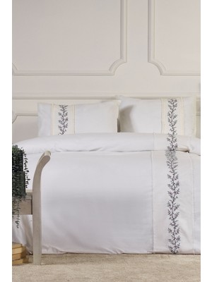 Elart Belissa Nevresim Takımı Çift Kişilik Lastikli Çarşaf %100 Pamuk Nakışlı (200X220 Cm) Pudra