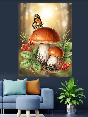 Artmeg Mantar Üzerinde Kelebek Manzara Dekoratif Kanvas - Mdf Ahşap Tablo