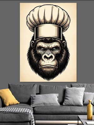 Artmeg Şef Şapkalı Gorilla Portresi Dekoratif Kanvas - Mdf Ahşap Tablo