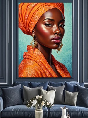 Artmeg Turuncu Başlıklı Afrikalı Kadın Dekoratif Kanvas - Mdf Ahşap Tablo