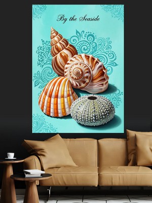 Artmeg Turkuaz Fonlu Deniz Kabukları Illüstrasyonu Dekoratif Kanvas - Mdf Ahşap Tablo