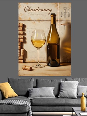 Artmeg Beyaz Şarap Şişesi ve Kadehi Natürmort Afiş Dekoratif Kanvas - Mdf Ahşap Tablo