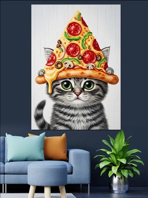 Artmeg Pizza Şapkalı Kedi Dekoratif Kanvas - Mdf Ahşap Tablo