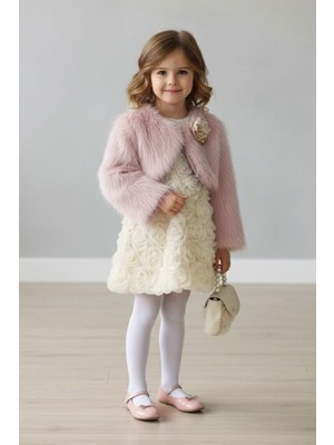 Miniğimin Cicileri Gül Detaylı Elbise ve  Kürk  Bolerolu takım - Pembe