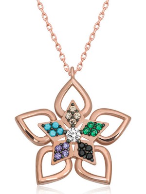Aya Diamond ​gümüş Rose Renkli Taşlı Çiçek Kadın Kolye