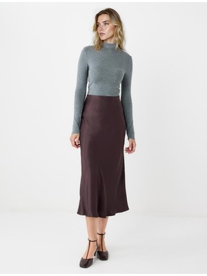 Jimmy Key Acı Kahve Dar Kesim Normal Bel Midi Saten Etek