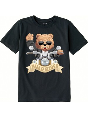 Colermi Pamuk Kumaş Çocuk Tişörtü – Wild Rider Ayı Motosiklet Baskılı Unisex Çocuk T-Shirt