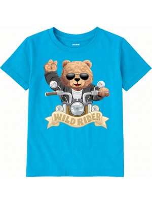 Colermi Pamuk Kumaş Çocuk Tişörtü – Wild Rider Ayı Motosiklet Baskılı Unisex Çocuk T-Shirt