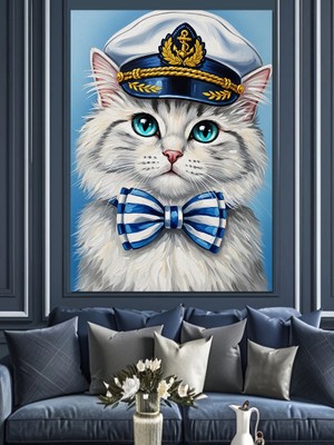 Artmeg Kaptan Şapkalı Sevimli Kedi Dekoratif Kanvas - Mdf Ahşap Tablo