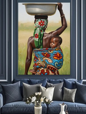 Artmeg Afrika'lı Kadın Meyve ve Bebek Dekoratif Kanvas - Mdf Ahşap Tablo