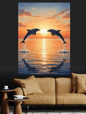 Artmeg Yunuslar Gün Batımında Zıplıyor Dekoratif Kanvas - Mdf Ahşap Tablo