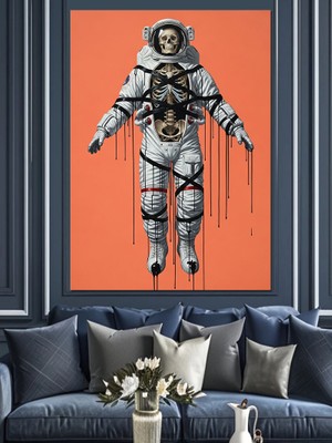 Artmeg Iskelet Astronot Uzayda  Dekoratif Kanvas - Mdf Ahşap Tablo