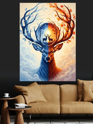 Artmeg Sonbahar ve Kış Temalı Geyik Sanatsal Çizimi Dekoratif Kanvas - Mdf Ahşap Tablo