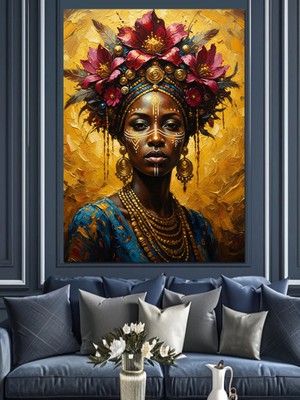 Artmeg Çiçek Taçlı Afrikalı Kadın Dekoratif Kanvas - Mdf Ahşap Tablo