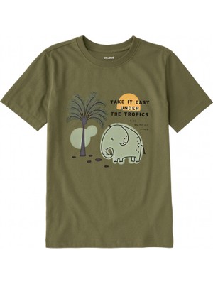 Colermi Pamuk Kumaş Çocuk Tişörtü – Tropikal Fil Baskılı Çocuk T-Shirt