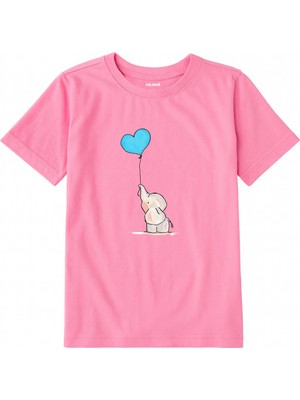 Colermi Pamuk Kumaş Çocuk Tişörtü – Kalpli Balonlu Fil Baskılı