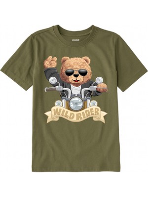 Colermi Pamuk Kumaş Çocuk Tişörtü – Wild Rider Ayı Motosiklet Baskılı Unisex Çocuk T-Shirt