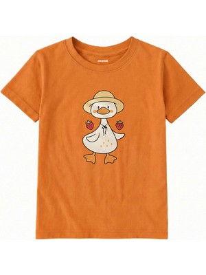 Colermi Pamuk Kumaş Çocuk Tişörtü – Çilekli Ördek Baskılı Çocuk T-Shirt
