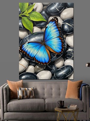 Tablomega Mavi Kelebek Çakıl Taşları Dekoratif Kanvas - Mdf Ahşap Tablo