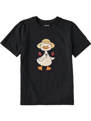 Colermi Pamuk Kumaş Çocuk Tişörtü – Çilekli Ördek Baskılı Çocuk T-Shirt
