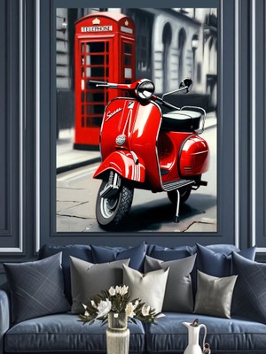 Tablomega Siyah Beyaz Londra Kırmızı Telefon Kulubesi ve  Scooter Motor Dekoratif Kanvas - Mdf Ahşap Tablo