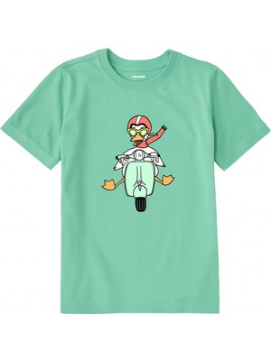 Colermi Pamuk Kumaş Çocuk Tişörtü – Motosikletli Ördek Baskılı Çocuk T-Shirt