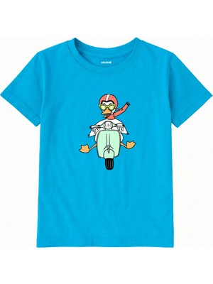 Colermi Pamuk Kumaş Çocuk Tişörtü – Motosikletli Ördek Baskılı Çocuk T-Shirt