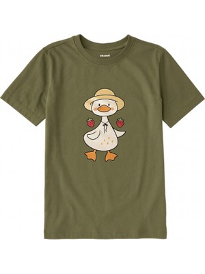 Colermi Pamuk Kumaş Çocuk Tişörtü – Çilekli Ördek Baskılı Çocuk T-Shirt