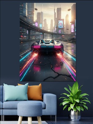 Tablomega Hızla Giden Spor Arabalı Şehir Manzarası Neon Renk Uygulamalı Dekoratif Kanvas - Mdf Ahşap Tablo