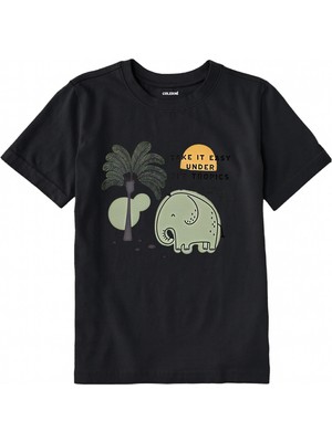 Colermi Pamuk Kumaş Çocuk Tişörtü – Tropikal Fil Baskılı Çocuk T-Shirt