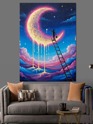 Tablomega Merdivenle Aya Tırmanan Insan Illüstrasyonu Dekoratif Kanvas - Mdf Ahşap Tablo