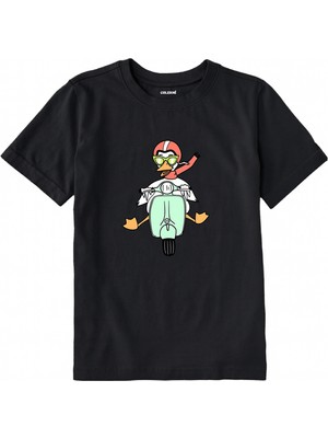 Colermi Pamuk Kumaş Çocuk Tişörtü – Motosikletli Ördek Baskılı Çocuk T-Shirt