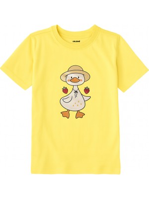 Colermi Pamuk Kumaş Çocuk Tişörtü – Çilekli Ördek Baskılı Çocuk T-Shirt