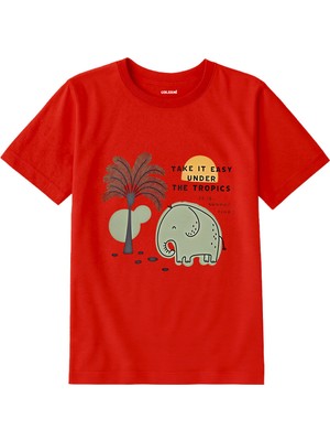 Colermi Pamuk Kumaş Çocuk Tişörtü – Tropikal Fil Baskılı Çocuk T-Shirt