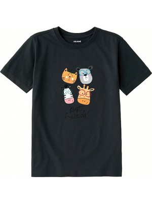 Colermi Pamuk Kumaş Çocuk Tişörtü – Best Friends Hayvan Baskılı Çocuk T-Shirt