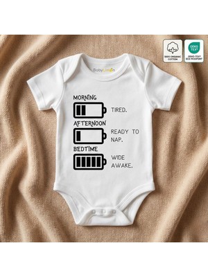 Enerji Seviyesi Mizahi Baskılı %100 Organik Pamuk Bebek Body - Oeko-Tex Sertifikalı