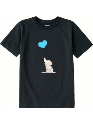 Colermi Pamuk Kumaş Çocuk Tişörtü – Kalpli Balonlu Fil Baskılı