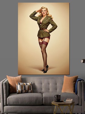 Tablomega Asker Üniformalı Retro Sarışın Kadın Dekoratif Kanvas - Mdf Ahşap Tablo
