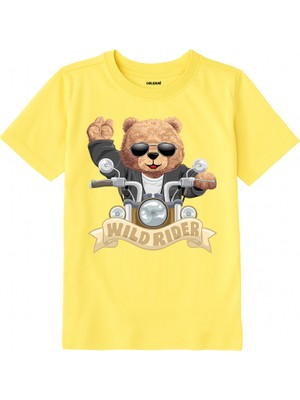 Colermi Pamuk Kumaş Çocuk Tişörtü – Wild Rider Ayı Motosiklet Baskılı Unisex Çocuk T-Shirt